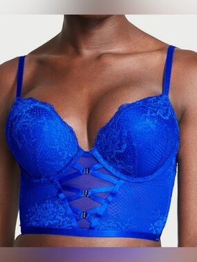 Victoria's Secret Bombshell Push Up Bustier Corset Top Bra Blue Lace 32C A cups